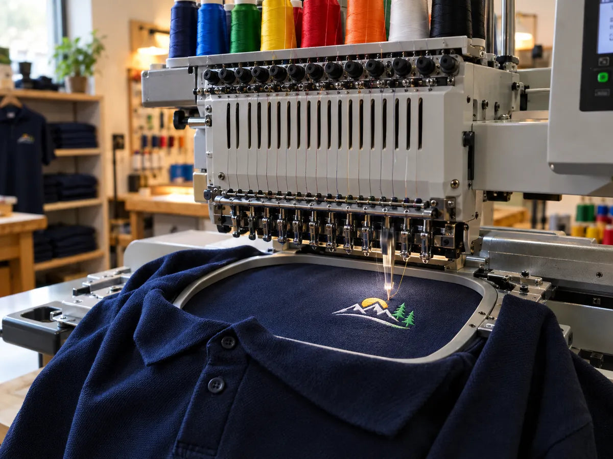 Multi-needle embroidery machine stitching a left-chest logo on a navy polo