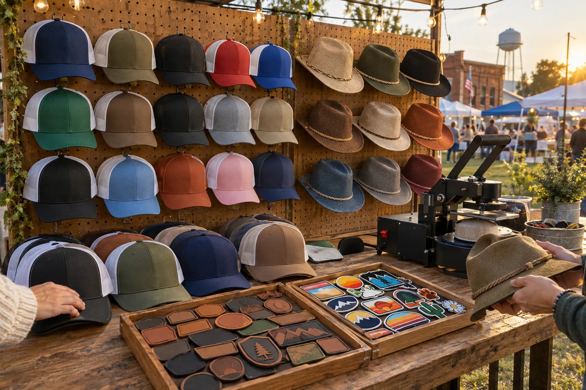 Hat Bar setup at an outdoor event with rows of trucker hats, trays of patches and a hat press