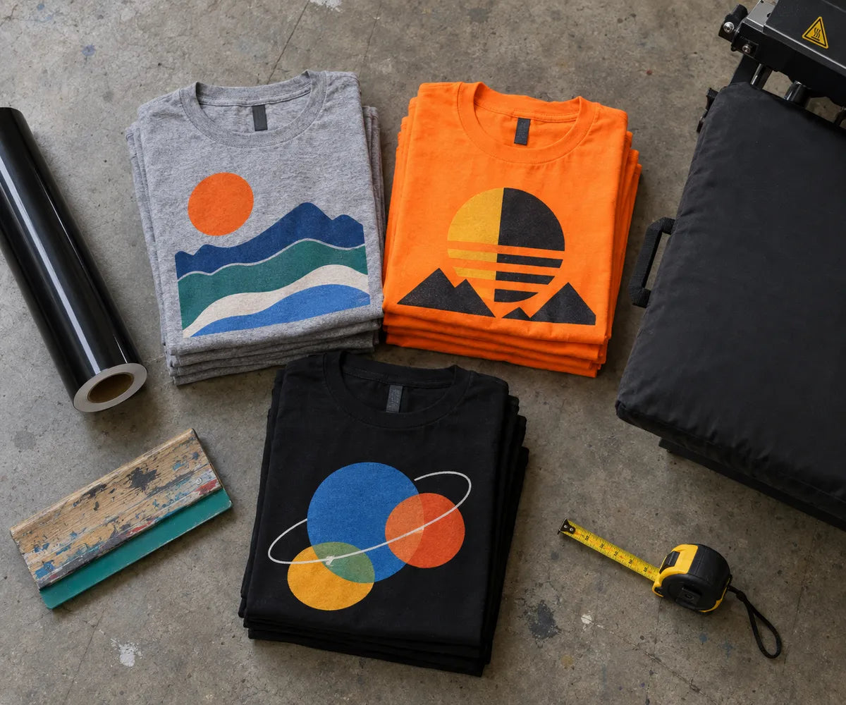 Stacks of custom printed t-shirts in gray, orange and black on a shop floor