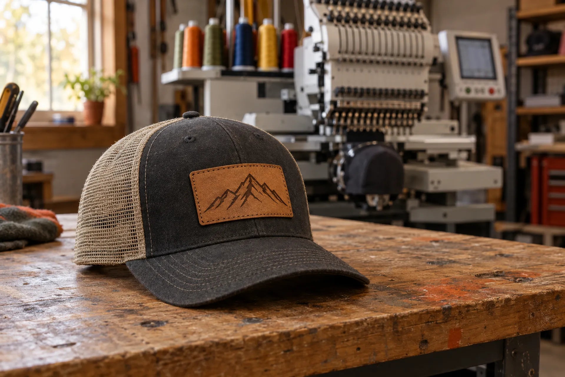 Charcoal trucker hat with a laser-engraved leatherette patch on a workbench, embroidery machine behind it
